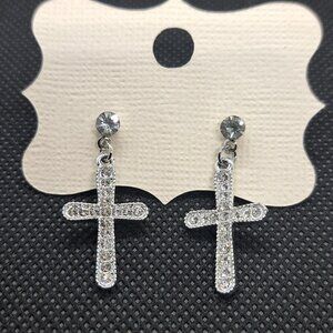 Silver Cross Rhinestone Dangle Earrings